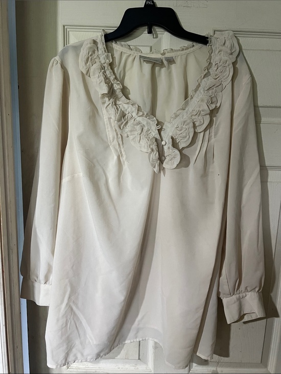 Avenue Tops - Avenue Cream Ruffle-Trim V-Neck Blouse